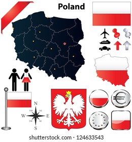 Vector set of Poland country shape with flags, buttons and icons isolated on white background