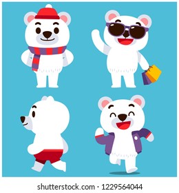 Vector set of polar bear characters with costume in different action poses