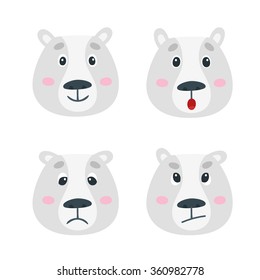 Vector set with polar bear emotion faces. Cute cartoon bear.