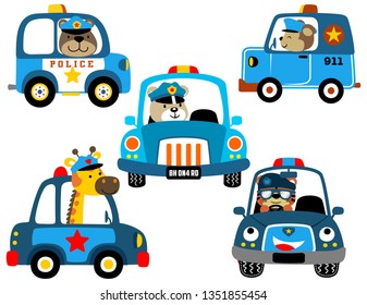 vector set of police cars cartoon with funny animals cop