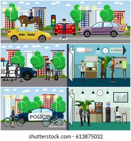 Vector set of police concept posters. Police station, policemen in office and outside, mounted police, transport flat style design elements.