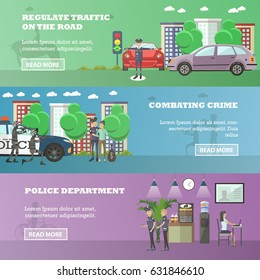 Vector set of police horizontal banners. Regulate the traffic on the road, Combating crime and Police department concept design elements in flat style.