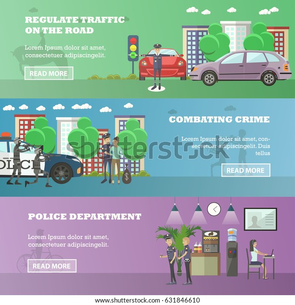 Vector set of police horizontal banners.\
Regulate the traffic on the road, Combating crime and Police\
department concept design elements in flat\
style.