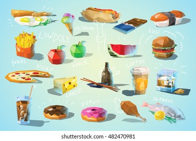 Vector set of polygonal food and drink illustration, modern low poly icons, fast food, japanese cuisine, coffee, coke, fruits, sweets, fish, isolated different dishes, breakfast, cheese, pizza
