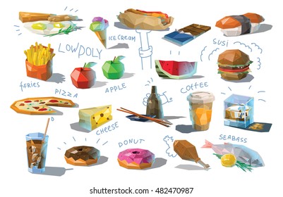 Vector set of polygonal food and drink illustration, modern low poly icons, fast food, japanese cuisine, coffee, coke, fruits, sweets, fish, isolated different dishes, breakfast, cheese, pizza