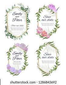 Vector set of polygonal frames. Peony flowers, hydrangeas, green berries, leaves, branches. All elements are isolated. Gold polygonal frames.
