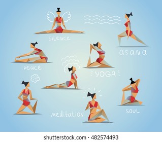 Vector set polygonal illustration of yoga poses. Women doing yoga exercises. Eight different asanas, low poly style  