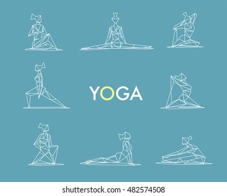 Vector set polygonal illustration of yoga poses. Women doing yoga exercises. Eight different asanas, low poly style, modern icons 