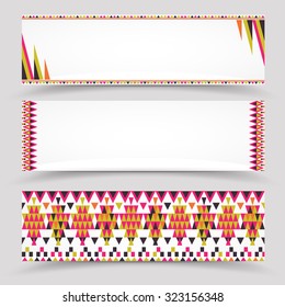 Vector set of polygonal paper banners with Aztec style design. Mock ups for websites, blank