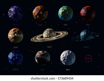 Vector set of polygonal planets of the Solar System, including Pluto, and Moon. 