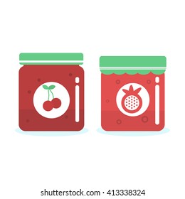 Vector set of pomegranate jelly and cherry jam  on white background 