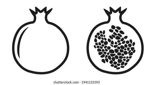 Conjunto vectorial de granadas - un contorno negro de fruta y una sección sobre fondo blanco. Ilustración aislada, fácil de editar y lista para usar iconos. Colección de cuadros y dibujos variados.
