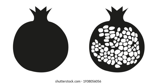 Vector Set of pomegranates - a black silhouette of fruit and a section on white background. Illustration isolated, easy to edit and ready to use icons. A collection in various drawings, paintings.