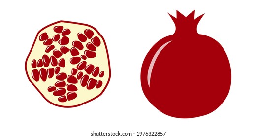 Vector Set of pomegranates - a black silhouette of fruit and a cut section on white background. Illustration isolated, easy to edit and ready to use icons. A collection in various drawings, paintings.
