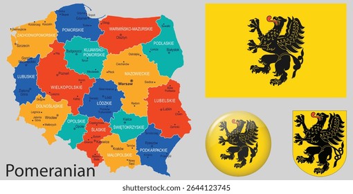 Vector set of Pomerania Region, Poland, showing the official flag, coat of arms, and map. Ideal for Polish regional identity, education, or editorial projects.