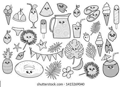 Vector set with pool floats, cocktails, tropical fruits, ice creams, palm leaves. Collection of elements in Japan kawaii style for a coloring page.