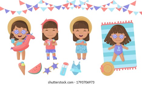 Conjunto de vectores de chicas de fiesta en la piscina. Los niños felices en la fiesta de cumpleaños pasan tiempo juntos. Objetos coloridos y aislados para los eventos infantiles.