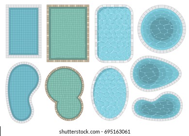 Vector set of the pools. (Top view) Collection of swimming pools different shapes.
(View from above)