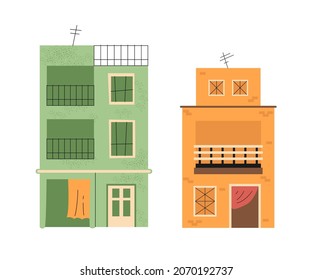 Vector set of poor houses. Indian buildings.