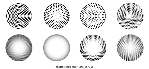 Vector set of pop art halftone elements. Circle dots explosion pattern.