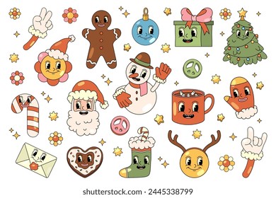 Vector set of pop art icons for happy new year greetings. Sticker in funny retro style for merry christmas or xmas celebration. Santa claus and snowman, fir tree and bulb, gift or present box, sweets