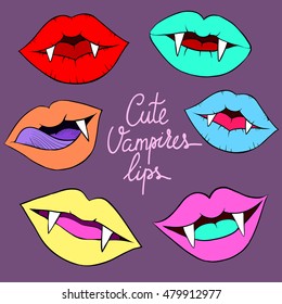 Vector set of pop art vampires lips. Fun vintage collection. 
Package design. Poster, flyer, party advertising, invitation, retro, disco style.
