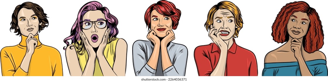 Vector set of pop art women isolated on white. 5 different girls with various emotions. Young woman thinking, shocked, scaried, dreaming