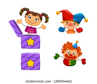 vector set of Pop up Jack in the box toy open and close with different toys