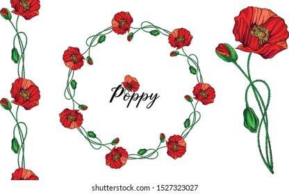Vector set with poppy flowers. Spring flowers