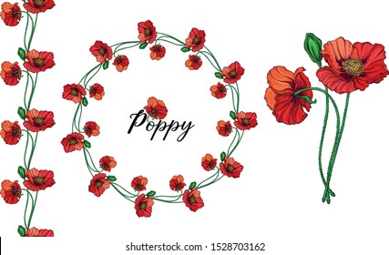 Vector set with poppy flowers. Spring flowers
