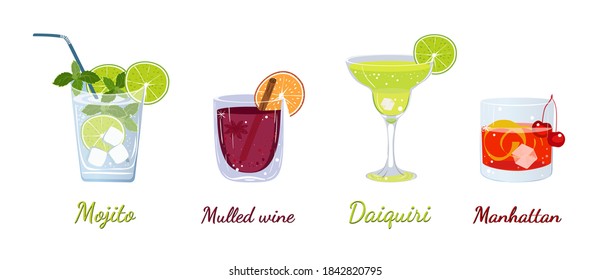 Vector set of popular alcoholic cocktails isolated on a white background. Cocktail menu. Mojito, mulled wine and daiquiri