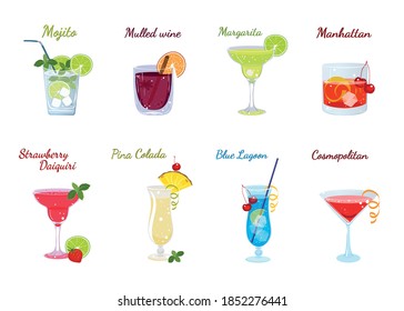 Vector set of popular alcoholic cocktails isolated on a white background. Cocktail menu. Mojito, mulled wine and margarita