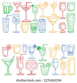 Vector set of popular cocktails for the menu. Doodle style icons.