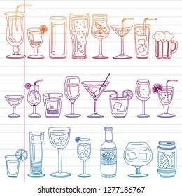 Vector set of popular cocktails for the menu. Doodle style icons.