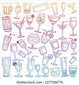 Vector set of popular cocktails for the menu. Doodle style icons.