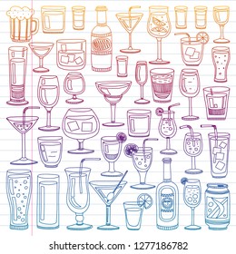Vector set of popular cocktails for the menu. Doodle style icons.