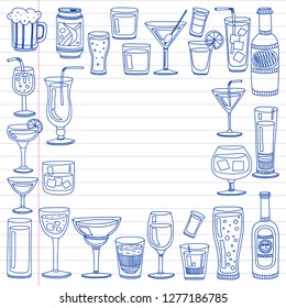 Vector set of popular cocktails for the menu. Doodle style icons.