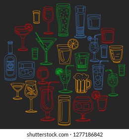 Vector set of popular cocktails for the menu. Doodle style icons.