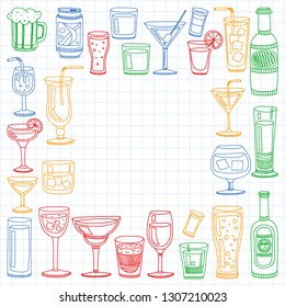 Vector set of popular cocktails for the menu. Doodle style icons.
