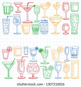 Vector set of popular cocktails for the menu. Doodle style icons.