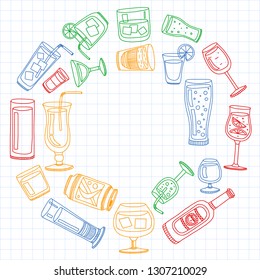 Vector set of popular cocktails for the menu. Doodle style icons.