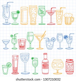 Vector set of popular cocktails for the menu. Doodle style icons.