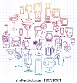 Vector set of popular cocktails for the menu. Doodle style icons.