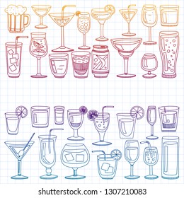 Vector set of popular cocktails for the menu. Doodle style icons.