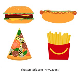 Vector set of popular fast food: hamburger, hot dog, pizza slice, fries.