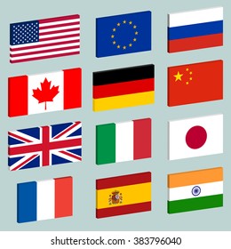 Vector set of popular flags icons: United States of America, European Union, Russia, Canada, China, Germany, Great Britain, Italy, Japan, France, Spain, India. Isometric flags of largest countries.