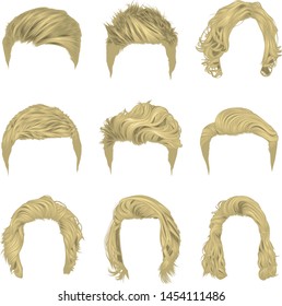 Vector set of popular men's hairstyles, both short and long natural color