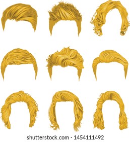 Vector set of popular men's hairstyles, both short and long natural color