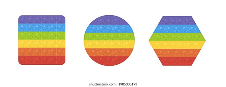 Vector Set of popular Pop It Fidgets. Rainbow colored antistress toys. Hand toy with push bubbles for kids. Sensory fidget in square shape, circle figure and polygon. Relax game. Flat illustration.