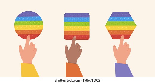 Vector Set de populares Pop It Fidgets. Niños jugando con juguetes antiestrés de color arcoiris. Manos con juguete empujando burbujas. Campo sensorial en forma cuadrada, figura circular y polígono. Ilustración plana.